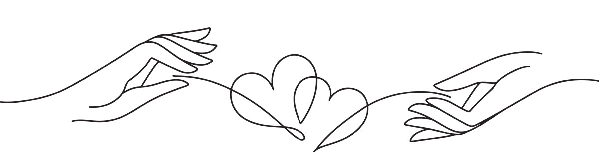 Line drawing of massage hands holding hearts